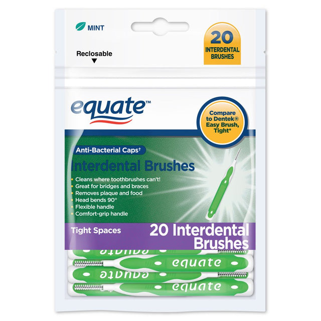 Equate Tight Mint Interdental Straight Brushes with Anti-Bacterial Caps, 20 Count