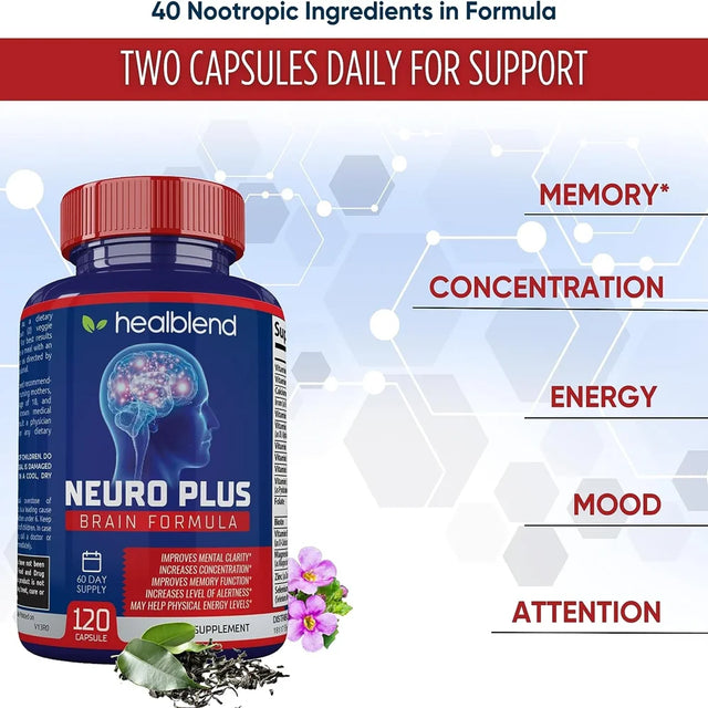 Healblend Neuro plus Brain Booster Supplements - Brain & Focus Formula, Supports Memory, Concentration & Mental Clarity - 3-Pack