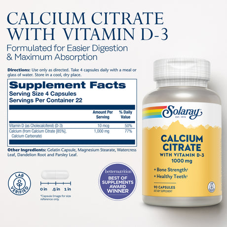 Solaray Calcium Citrate with Vitamin D-3 1000Mg | for Healthy Bones & Teeth, Cardiovascular, Muscle & Nerve Function | Enhanced Absorption | 90 Ct