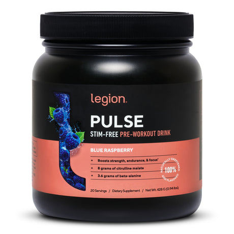 Legion Pulse Pre Workout Supplement - Best All Natural Pre Workout Drink for Men and Women, Naturally Sweetened (Caffeine Free Blue Raspberry)