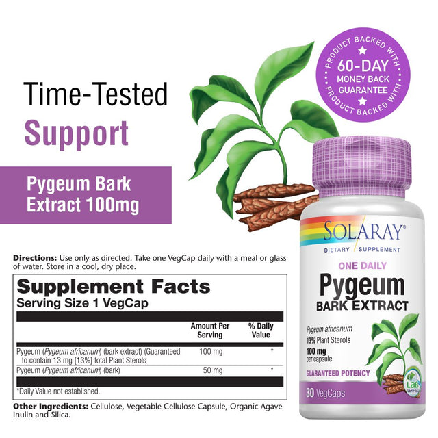 Solaray Pygeum Bark Extract, One Daily 100Mg | Healthy Prostate Support | Guaranteed to Contain 13 Mg Total Plant Sterols | 30 Vegcaps