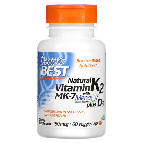 Natural Vitamin K2 MK-7 with Menaq7 plus Vitamin D3 180 Mcg 60 Veggie Caps