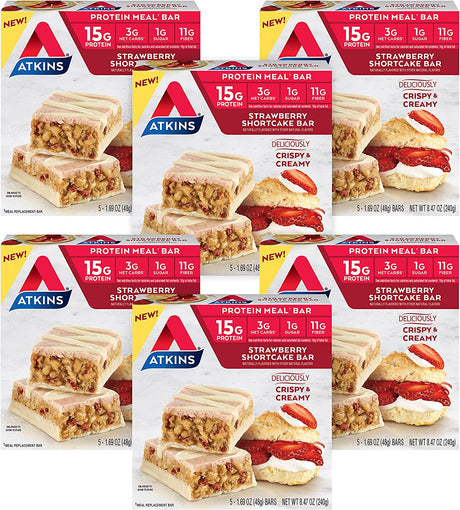 Atkins Strawberry Shortcake Protein Meal Bar, High Fiber, 1G Sugar, 3G Net Carb Meal Replacement, Keto Friendly, 30 Count