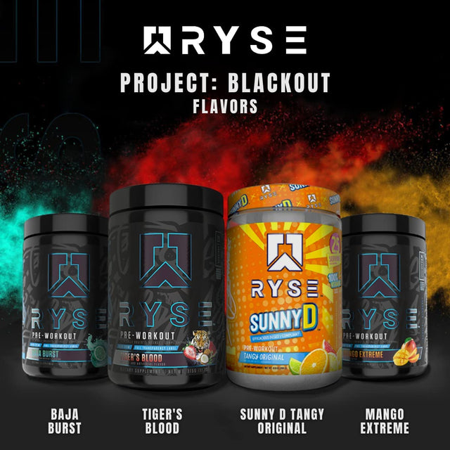 Ryse Project Blackout Pre Workout | Pump, Energy, Strength | Caffeine, Vitacholine, Nitrates, and Theobromine | 25 Servings (Sunny D Tangy Original)