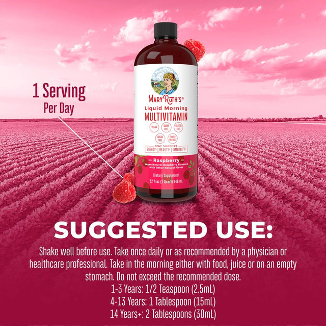 Multivitamin Multimineral for Women & Men by Maryruth'S | No Added Sugar | Vegan Liquid Vitamins for Adults & Kids | Immune Support, Bone Health, Energy Drink | Raspberry Flavor | 32 Fl Oz