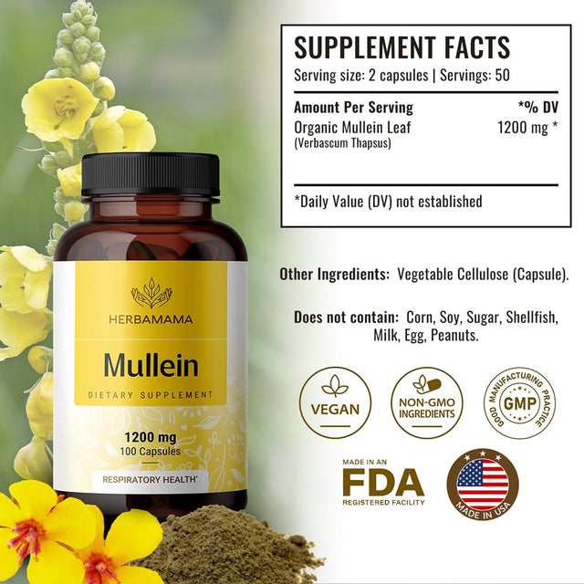 HERBAMAMA Mullein Leaf Extract -100 Veggie Capsules - Respiratory Health and Immune Support