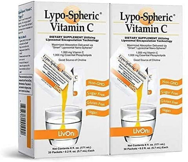 Lypo–Spheric Vitamin C – 2 Cartons (60 Packets) – 1,000 Mg Vitamin C & 1,000 Mg Essential Phospholipids per Packet – Liposome Encapsulated for Improved Absorption – 100% Non–Gmo