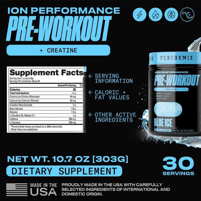 PERFORMIX - ION Pre Workout - Increase Pump, Energy & Endurance - 200 Mg of Caffeine - Creatine Monohydrate - Nitric Oxide - Beta Alanine - Amino Acids - No Crash or Jitters - Blue Ice - 30 Servings