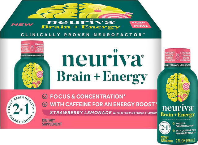 NEURIVA Brain + Energy Shots, Nootropic Brain Supplement for Focus & Concentration with Neurofactor, Vitamin B12 & 150Mg Caffeine for an Energy Boost - (12 Count), Strawberry Lemonade