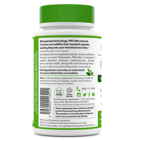 Hyperbiotics Pro-Men W/ 6 Targeted Strains & Curcumin Phytosome - Designed for Men'S Health - 30 Time Release Tablets