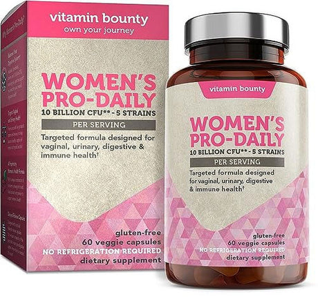 Vitamin Bounty Women'S Pro Daily - Vaginal Probiotic & Prebiotic & Ph Balance, Probiotics for Women Vaginigal Health, 10 Billion Cfus per Serving with Cranberry, Gluten-Free - 60 Capsules