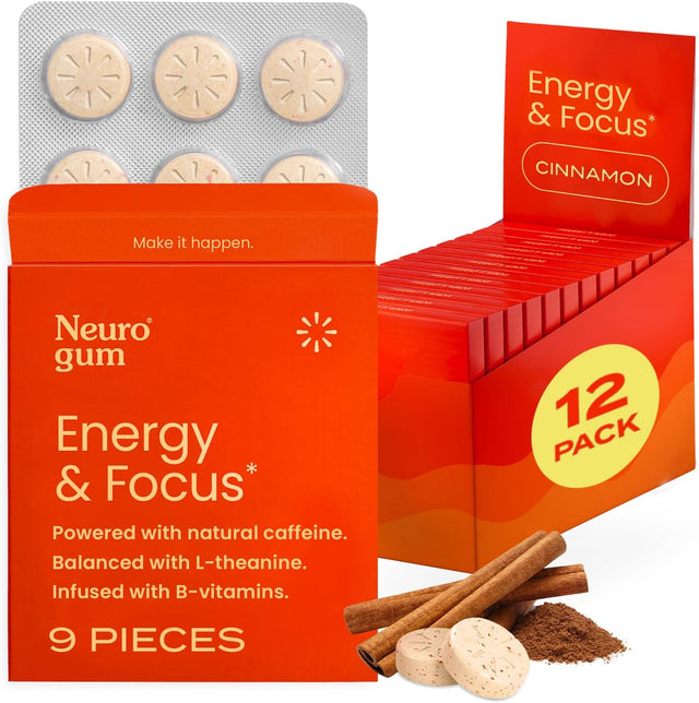 Neurogum Energy Caffeine Gum (108 Pieces) - Sugar Free with L-Theanine + Natural Caffeine + Vitamin B12 & B6 - Nootropic Energy & Focus Supplement for Women & Men - Keto & Vegan, Cinnamon Flavor