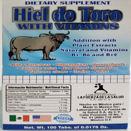 HIEL DE TORO SUPLEMENTO for KIDNEY STONES, LIVER, DIGESTIVE SYSTEM 100 TABLETS