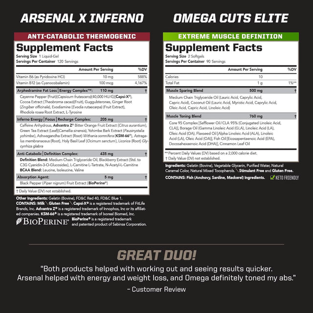 PMD Sports Six Week Inferno Stack - Maximum Strength Fat Burner and CLA Omega Fatty Acid to Lose Fat Fast and Increase Muscle Tone - Arsenal X Inferno/120 Liquid Gels, Omega Cuts Elite/180 Softgels