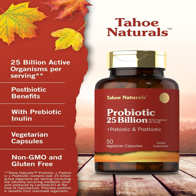 Prebiotic, Probiotic & Postbiotic | 25 Billion CFU | 50 Vegetarian Capsules | Tahoe Naturals by Carlyle