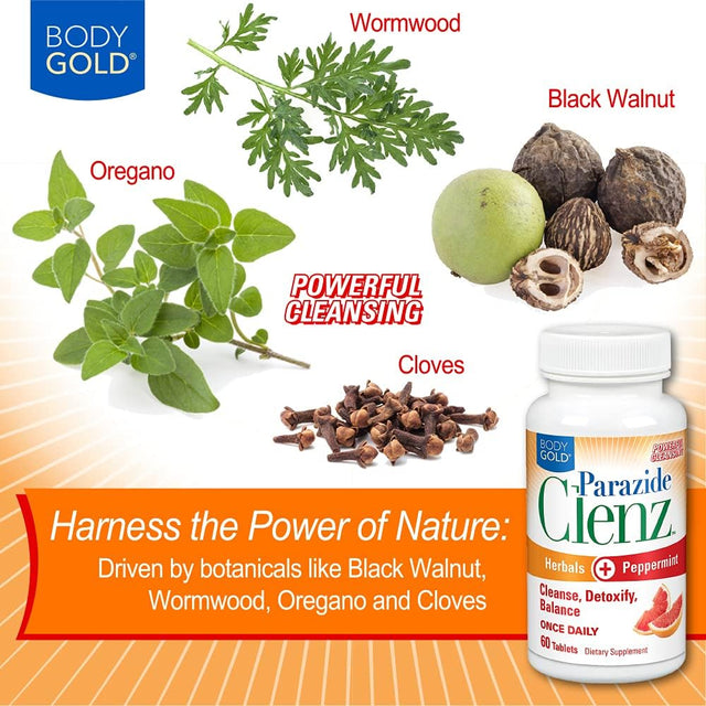 Body Gold Parazide Clenz Herbals & Peppermint | Intestinal Cleanse & Detox W/Black Walnut & More | 30 Serv, 60 Tablets