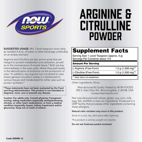 NOW Sports Nutrition, Arginine & Citrulline Powder, 1:1 Ratio, Amino Acid, 12-Ounce