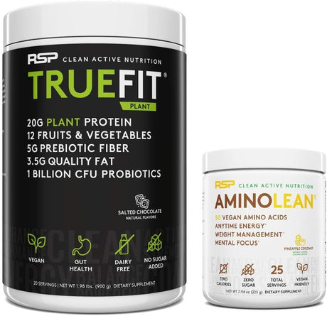 RSP NUTRITION Vegan Aminolean Pre Workout Energy (Pineapple Coconut 25 Servings) with Truefit Vegan Protein Powder (Salted Chocolate 2 LB)