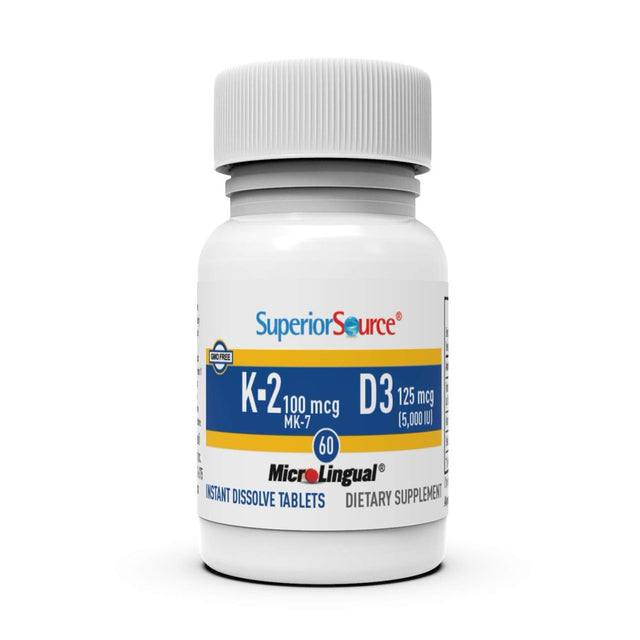 Superior Source K2 (MK-7) 100 Mcg with Vitamin D3 (5000 IU) Instant Dissolve Tablets 60 Count Dietary Supplement