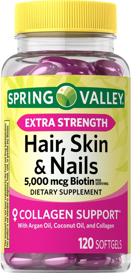 Spring Valley Hair, Skin & Nails Dietary Supplement Softgels, 5,000 Mcg Biotin, 120 Ct