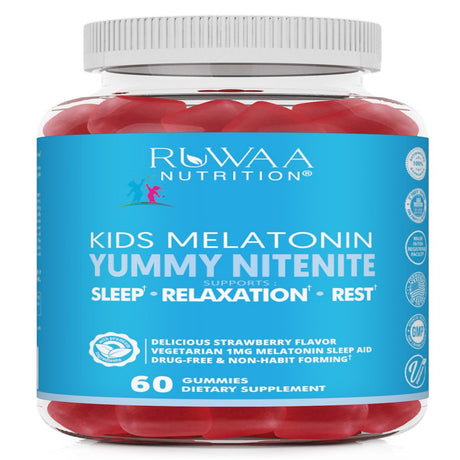 Kids Melatonin Gummies, Kids Sleep Gummies, Ages 4+, Safe, Drug-Free & Effective Natural Sleep Aid Childrens Melatonin 1Mg, Strawberry, 60 Gummies - Ruwaa Nutrition Yummy Nitenite