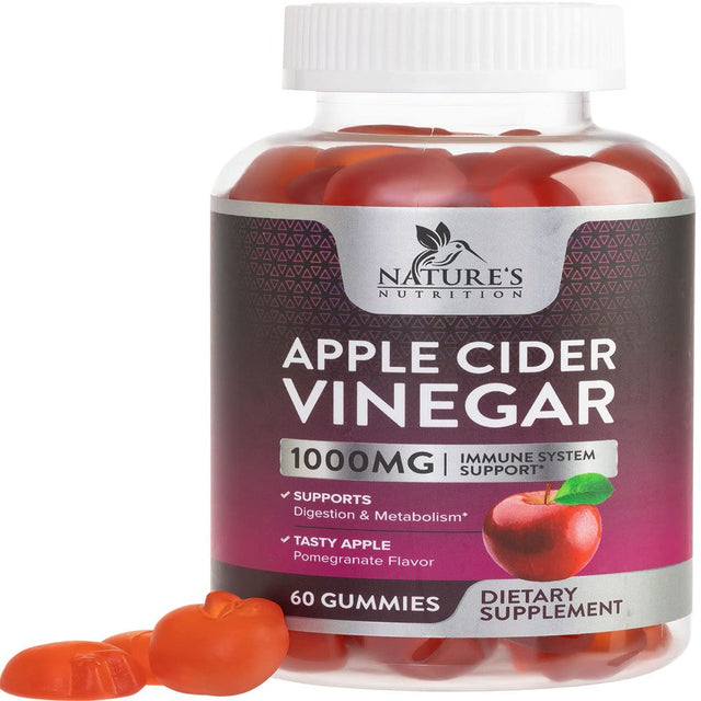 Nature'S Nutrition Apple Vinegar Gummy for Weight Loss 1000Mg - Vegan Apple Cider Vinegar Gummies for Detox & Cleanse, ACV Supplement Pills, Vitamin B12, Beetroot & Pomegranate, Non-Gmo - 60 Gummies