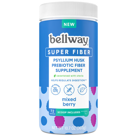 Bellway Psyllium Super Fiber Prebiotic Supplement Powder, Sugar-Free, Mixed Berry, 72 Servings