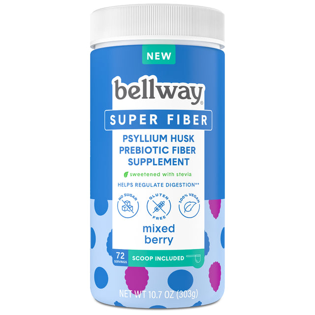 Bellway Psyllium Super Fiber Prebiotic Supplement Powder, Sugar-Free, Mixed Berry, 72 Servings