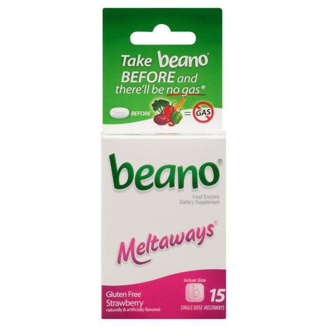 Beano Meltaways, Gas Prevention & Digestive Enzyme Supplement, Strawberry Flavor, 15 Count