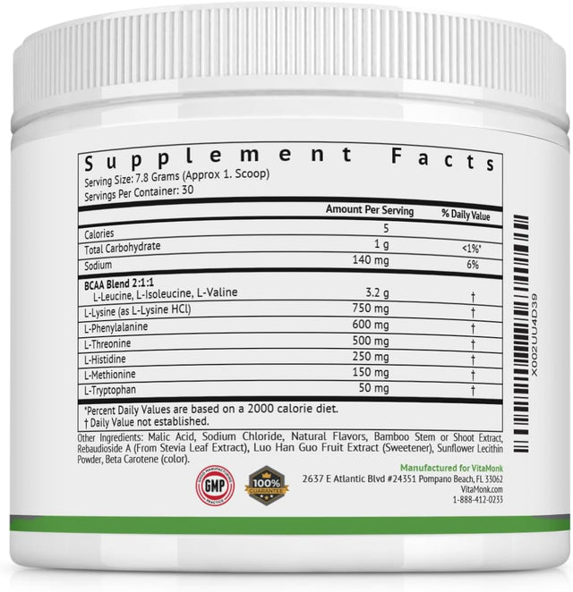 Vitamonk Clean EAA - Eaas with No Artificial Sweeteners for Pre-Workout, Energy and Recovery - Max Bioavailable EAA Powder with 9 Essential Amino Acids - Natural Lemonade Flavor