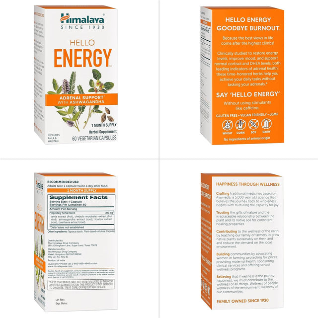 Himalaya Hello Energy Herbal Supplement with Ashwagandha, Amla, Haritaki, Daily Energy Support, Positivity, Metabolism, Caffeine Free, Gluten Free, Non-Gmo, Vegan, 60 Capsules, 30 Day Supply