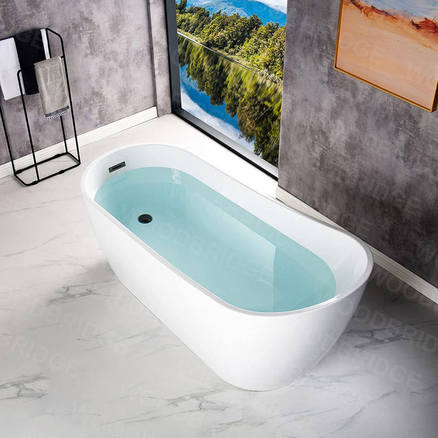 WOODBRIDGE 67"Freestanding White Acylic Soaking Bathtub with White Pillow,Drain and Overflow in Matte Black,Bta1508 -Mb-Drain &O+ Pillow