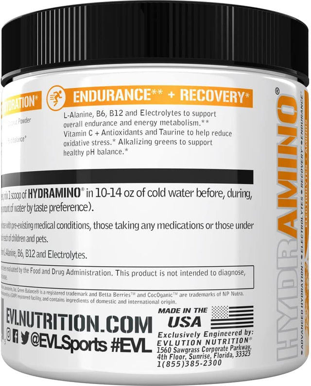 Evlution Nutrition HYDRAMINO Complete Hydration Multiplier, All 6 Electrolytes, Vitamin C & B, Fluid Boosting Aminos, Coconut Water, Endurance, Recovery, Antioxidants, 30 Serve, Orange Mango