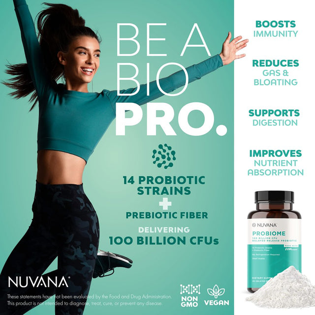 Nuvana Probiome | 100 Billion CFU | 14 Probiotic Strains with Prebiotic Fiber for Adult Men & Women