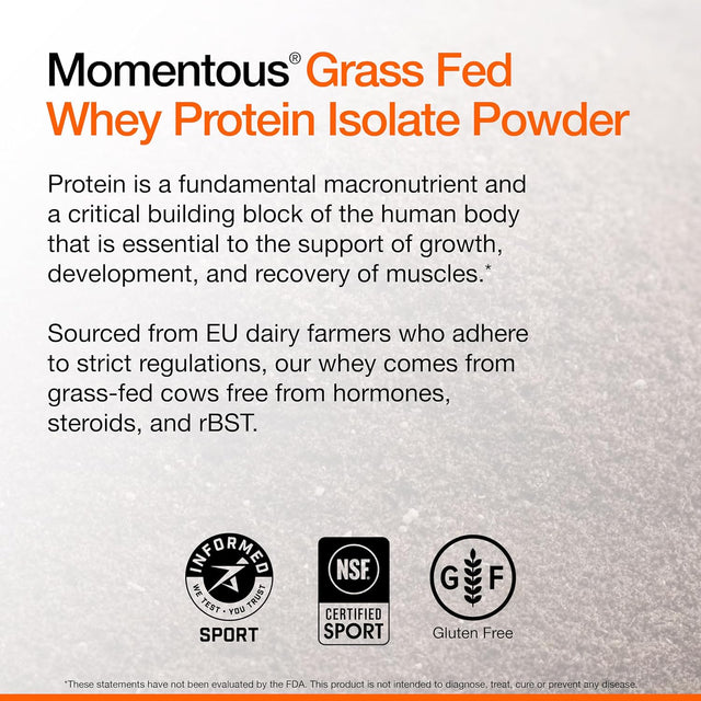 Momentous Essential Grass-Fed Whey Protein Isolate, 24 Servings per Pouch for Essential Everyday Use, Gluten-Free, NSF Certified (Chocolate)