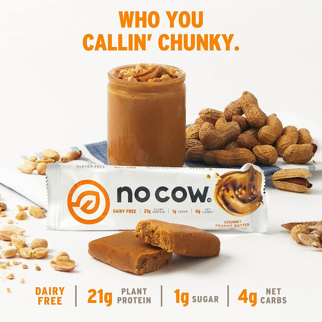 No Cow High Protein Bars, Chunky Peanut Butter, 21G Plant Based Vegan Protein, Keto Friendly, Low Sugar, Low Carb, Low Calorie, Gluten Free, Naturally Sweetened, Dairy Free, Non GMO, Kosher, 12 Pack