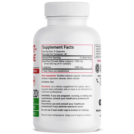 Bronson Beet Root + L-Arginine 2000 MG Nitric Oxide Production- Non-Gmo, 120 Vegetarian Capsules