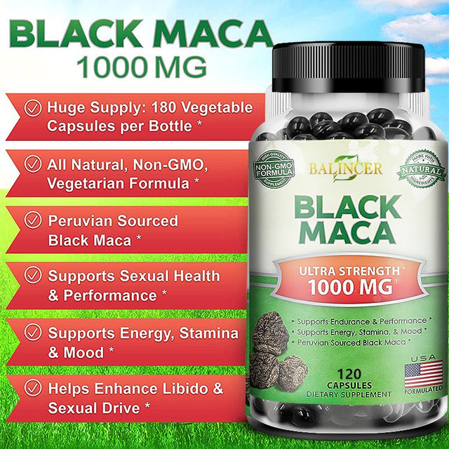 Pure Black Maca Root - Max Strength 1000Mg per Serving - Gelatinized Maca Root Extract Supplement from Peru - Natural Pills to Support Reproductive Health & Energy - Non-Gmo-120Capsules