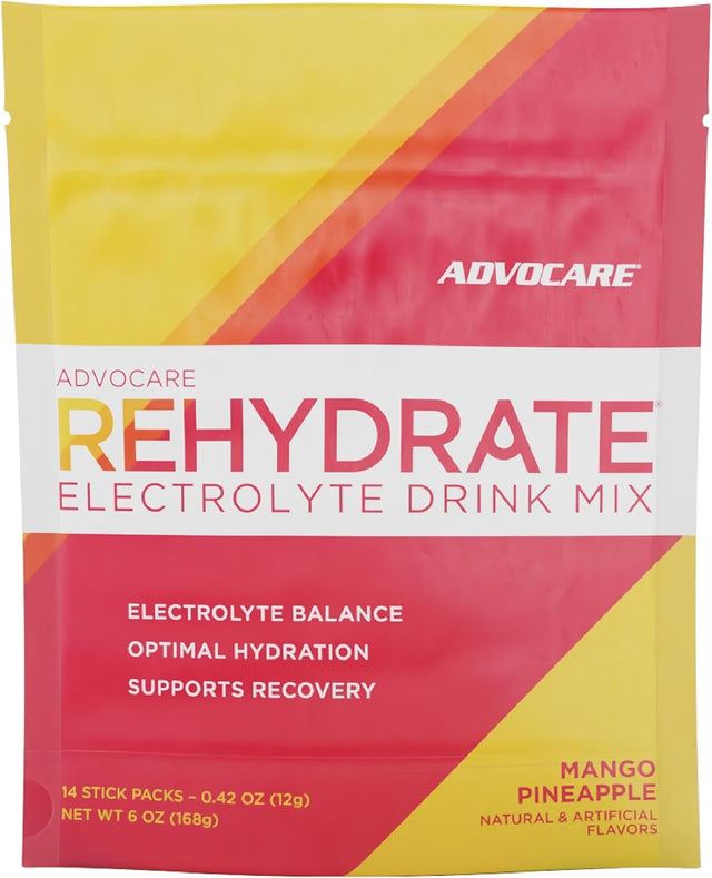 Advocare Rehydrate Electrolyte Drink Mix - Electrolytes Powder Packets - Drink Mix Packets - Essential Amino Acids Supplement - Powdered Drink Mix for Water - Mango Pineapple - 14 Hydration Packets