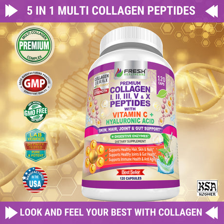 Multi Collagen Pills with Type I, II, III, V & X Peptides with Vitamin C, Hyaluronic Acid and Digestive Enzymes for Enhanced Absorption - Supports Healthy Hair, Skin, Nails and Joints - 120 Capsules