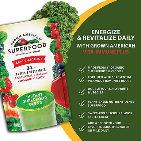 Grown American Superfood Ultra Vita-Immune - Organic Whole Fruits, Grains, Sprouts, Leafy Greens & Beta Rich Vegetables - Concentrated Green Powder - Vegan Non-Gmo - with Immunity Boost