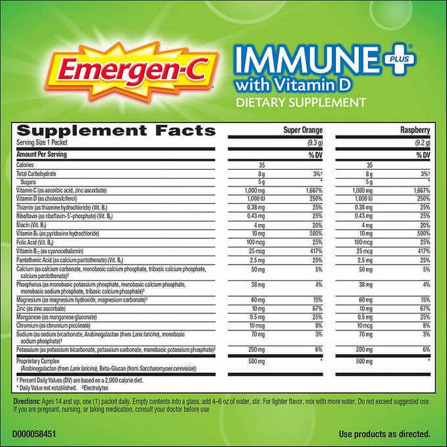 Emergen-C Immune+ (70 Ct.) - System Support Dietary Supplement Drink Mix with Vitamin D, 1000Mg Vitamin C - 70 Packets (30 - Raspberry Flavor, 40 - Super Orange Flavor)