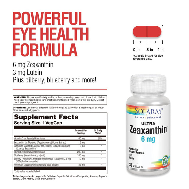 Solaray Ultra Zeaxanthin 6 Mg | Eye Health & Macular Support Formula with Lutein, Bilberry & Blueberry | 30Ct