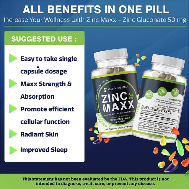 Zinc Maxx - Maximum Zinc Gluconate 50 Mg per Dose - 100 Day Supply - High Potency & Absorbance - Gentle on Stomach - Professional Grade - Antioxidant - Vegan - Additive Free - Non-Gmo - USA (6 Pack)