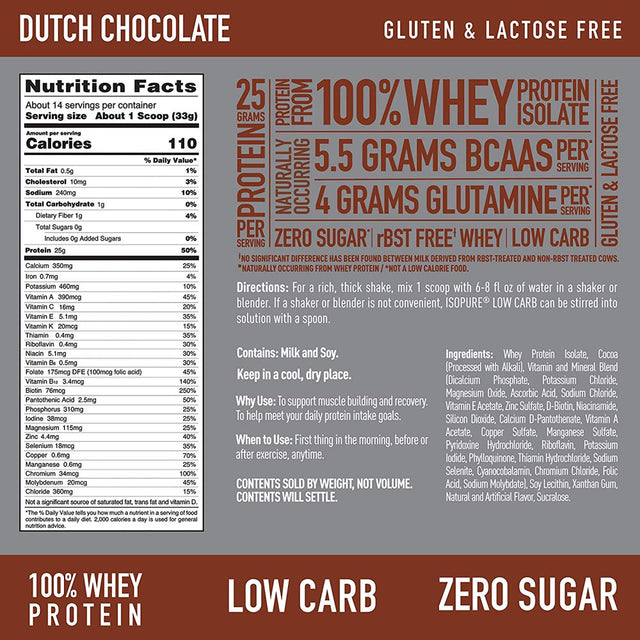 Isopure Dutch Chocolate Whey Isolate Protein Powder with Vitamin C & Zinc for Immune Support, 25G Protein, Low Carb & Keto Friendly, 14 Servings, 1 Pound (Packaging May Vary)