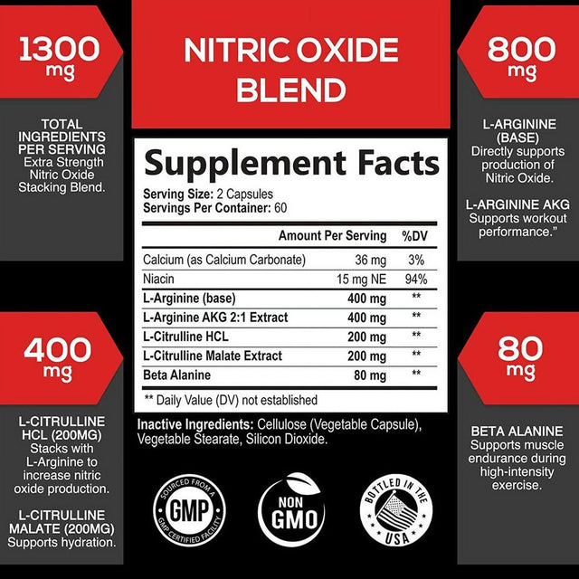 Nitric Oxide Booster Supplement W/L-Arginine 1300Mg Premium Workout Muscle Pump - 120 Capsules