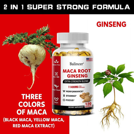 Bcuelov - Maca Root Capsules 10,000 Mg + Korean Ginseng 1,400 Mg - Black + Red + Yellow Maca Root, 10X Concentrated Extract Ginseng Capsules - Ultra Potency and High Purity