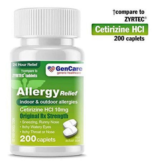 Gencare Cetirizine HCL 10 Mg (200 Count) | 24 Hour Non Drowsy Allergy Relief Pills | Best Value Generic OTC Allergy Medication | Antihistamine for Sneezing, Runny Nose and Itchy Eyes | Generic Zyrtec