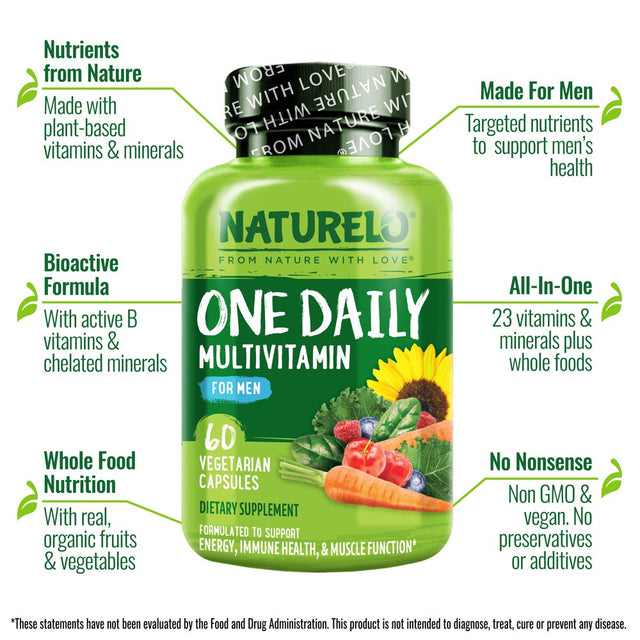 NATURELO One Daily Multivitamin for Men - with Vitamins & Minerals + Organic Whole Foods - Supplement to Boost Energy, General Health - Non-Gmo - 60 Capsules