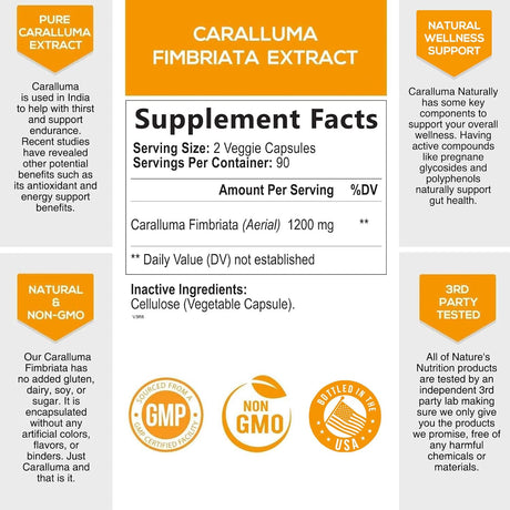 Pure Caralluma Fimbriata Extract Highly Concentrated 1200Mg - Natural Endurance Support, Best Vegan Supplement for Men & Women, Non-Gmo - 180 Capsules